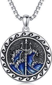wholesale 925 Sterling Silver Poseidon Trident Blue Wave Pendant Necklace for Men's Greek Mythology -Poseidon