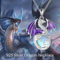 wholesale 925 Sterling Silver Purple Enamel Dragon Pendant with Blue Stone Necklace-0-5