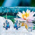 wholesale 925 Sterling Silver Teardrop Blue Lotus Flower Drop Earrings with CZ Stones for Women Girls  4cm Long-0-1