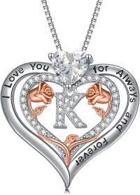 wholesale Sterling Silver Rose Pendant Necklace A Z Initial Letter Heart Jewelry for Women Valentine Mother s Day Birthday Gifts for Her-Letter K