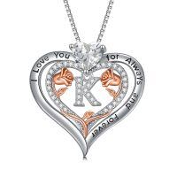 wholesale 925 Sterling Silver Rose Pendant Necklace A Z Initial Letter Heart Jewelry for Women Valentine Mother s Day Birthday Gifts for Her-Letter K
