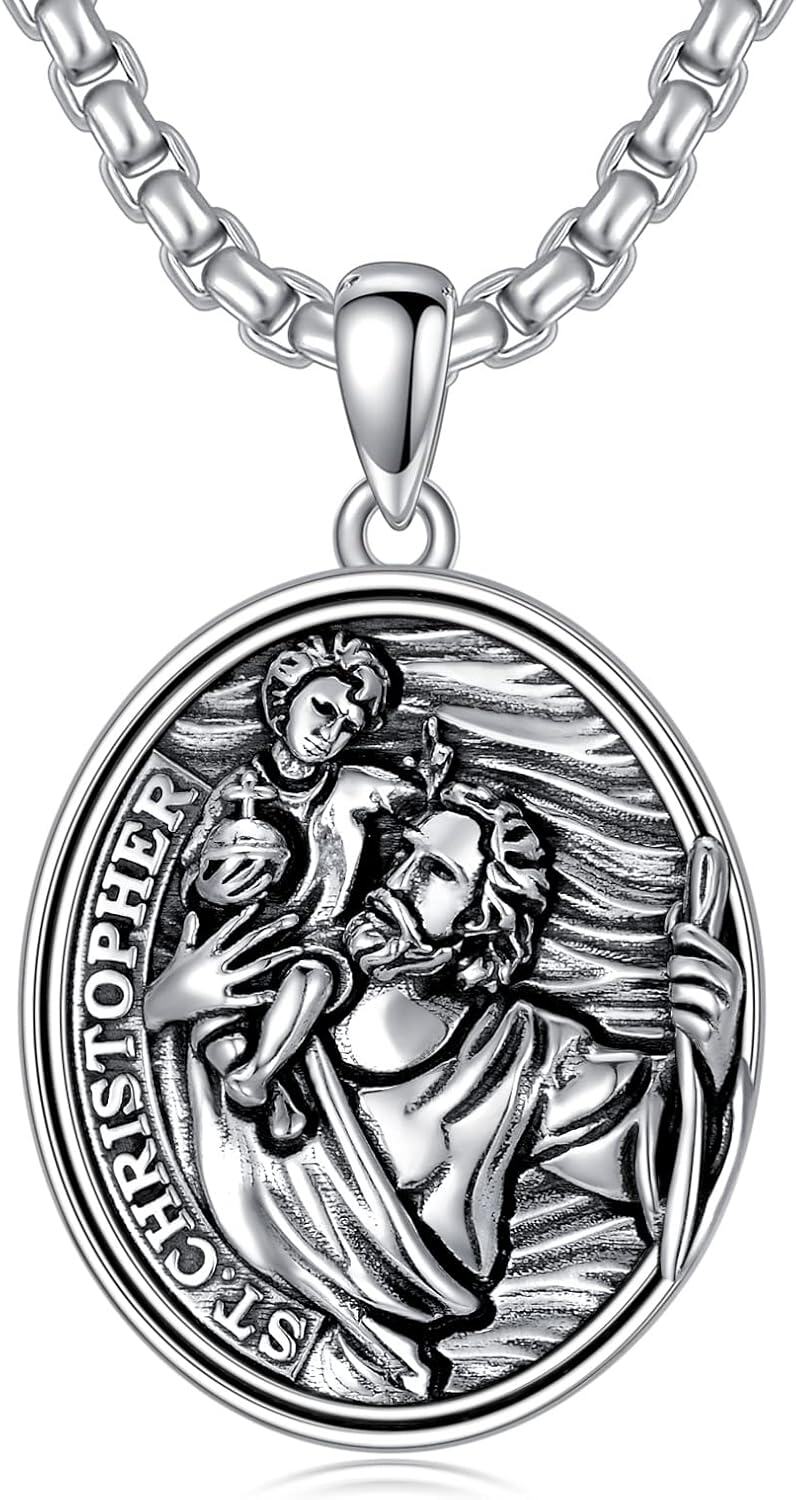 Sterling Silver Oval St Michael St Christopher Medal Archangel Cross Necklace w 22 +2 Chain-B01-St Christopher