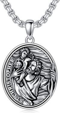 wholesale 925 Sterling Silver Saint Christopher Pendant with Angel and Child Design on an Adjustable Length Chain - Perfect for Men & Women (Length: 68cm)-B01-St Christopher