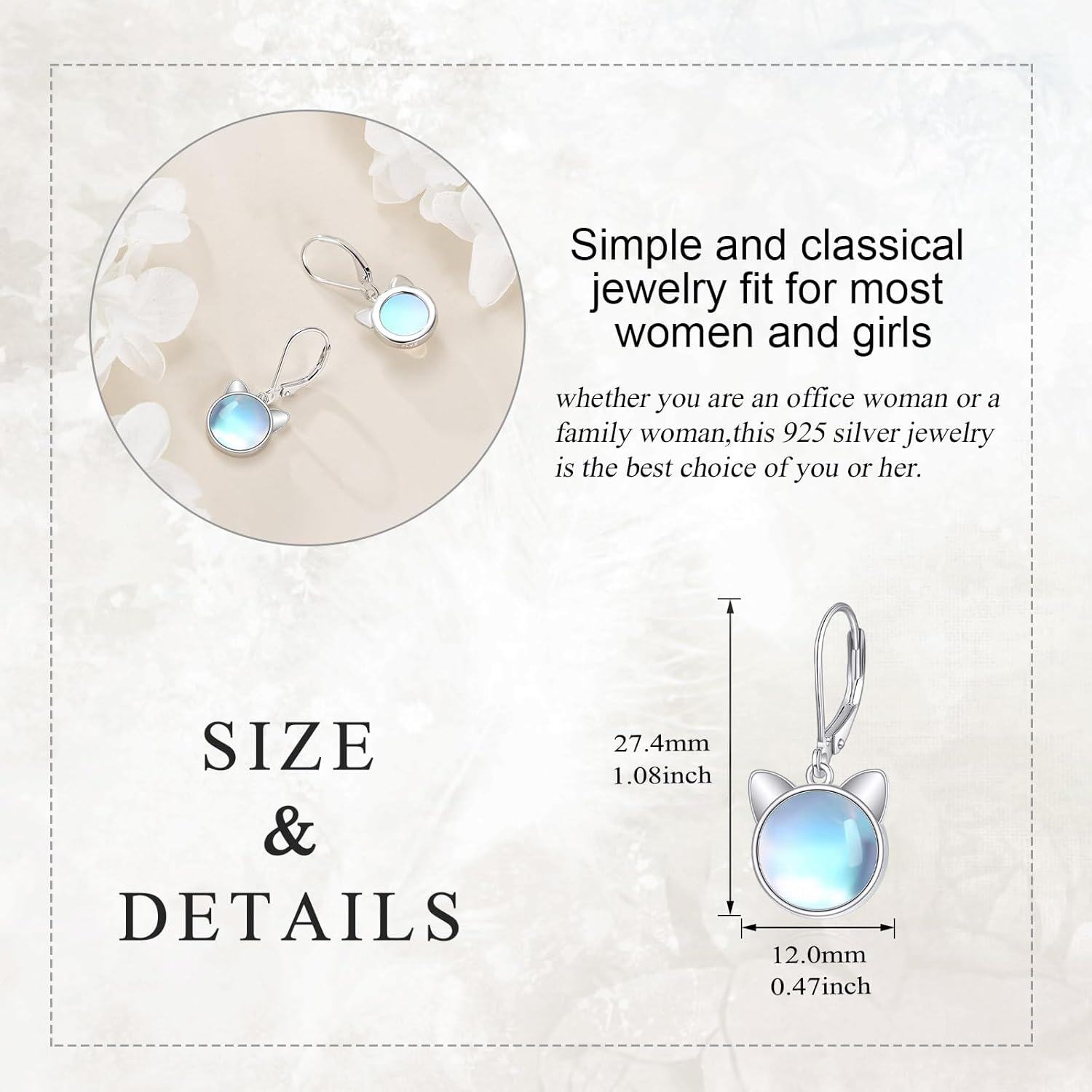 wholesale 925 Sterling Silver Blue Moonstone Cat Ear Studs Dangle Drop Earring  for Girls and Women-0-3
