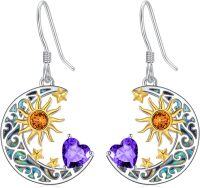 wholesale 925 Sterling Silver Heart Birthstone Sun Moon Dangle Drop Earrings for Women Mom-Amethyst Feb.