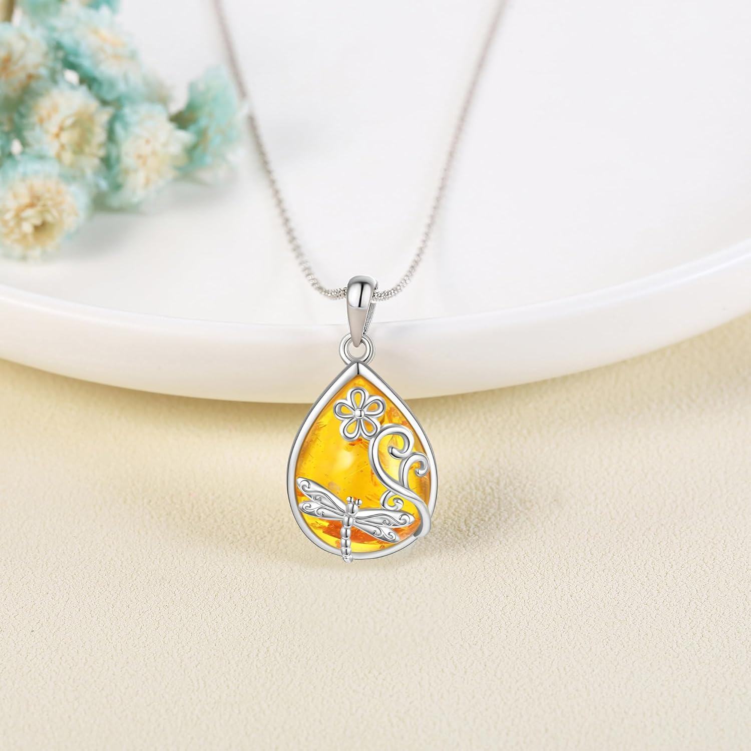 Sterling Silver Amber Pendant Necklace w Bee Dragonfly Hummingbird-0-3