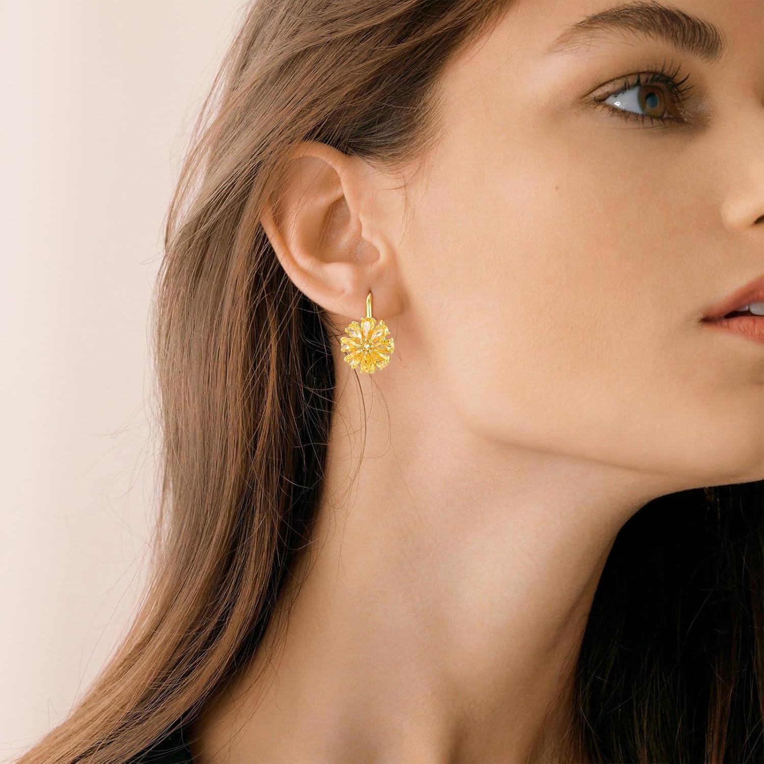 wholesale 14K Gold Daisy Dangle Earrings with Crystal, 12mm, 3g, Nickel-Free, Hypoallergenic, Gift for Her-0-3
