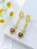 wholesale Gold-Plated 925 Sterling Silver Garnet Heart Shape Cubic Zirconia Dangle Drop Earrings for Women-0-3