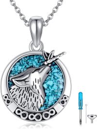 wholesale 925 Sterling Silver & Abalone Shell Wolf Dragonfly Urn Necklace for Ashes, Cremation Jewelry Memorial Keepsake Gift-Turquoise Wolf