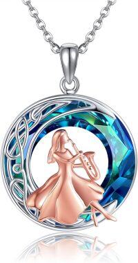 wholesale 925 Sterling Silver Blue Crystal Ballerina Saxophone Pendant Necklace-Saxophone