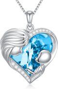 wholesale  Sterling Silver & White Gold Plated Aquamarine Heart Necklace with Austrian Crystal - Mother's Day Gift for Mom Wife Women-0-0