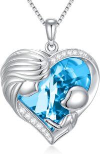 wholesale  Sterling Silver & White Gold Plated Aquamarine Heart Necklace with Austrian Crystal - Mother's Day Gift for Mom Wife Women-03-March-Aquamarine