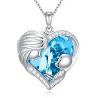 wholesale 925 Sterling Silver Heart Pendant With Blue Crystal And Diamonds-03-March-Aquamarine