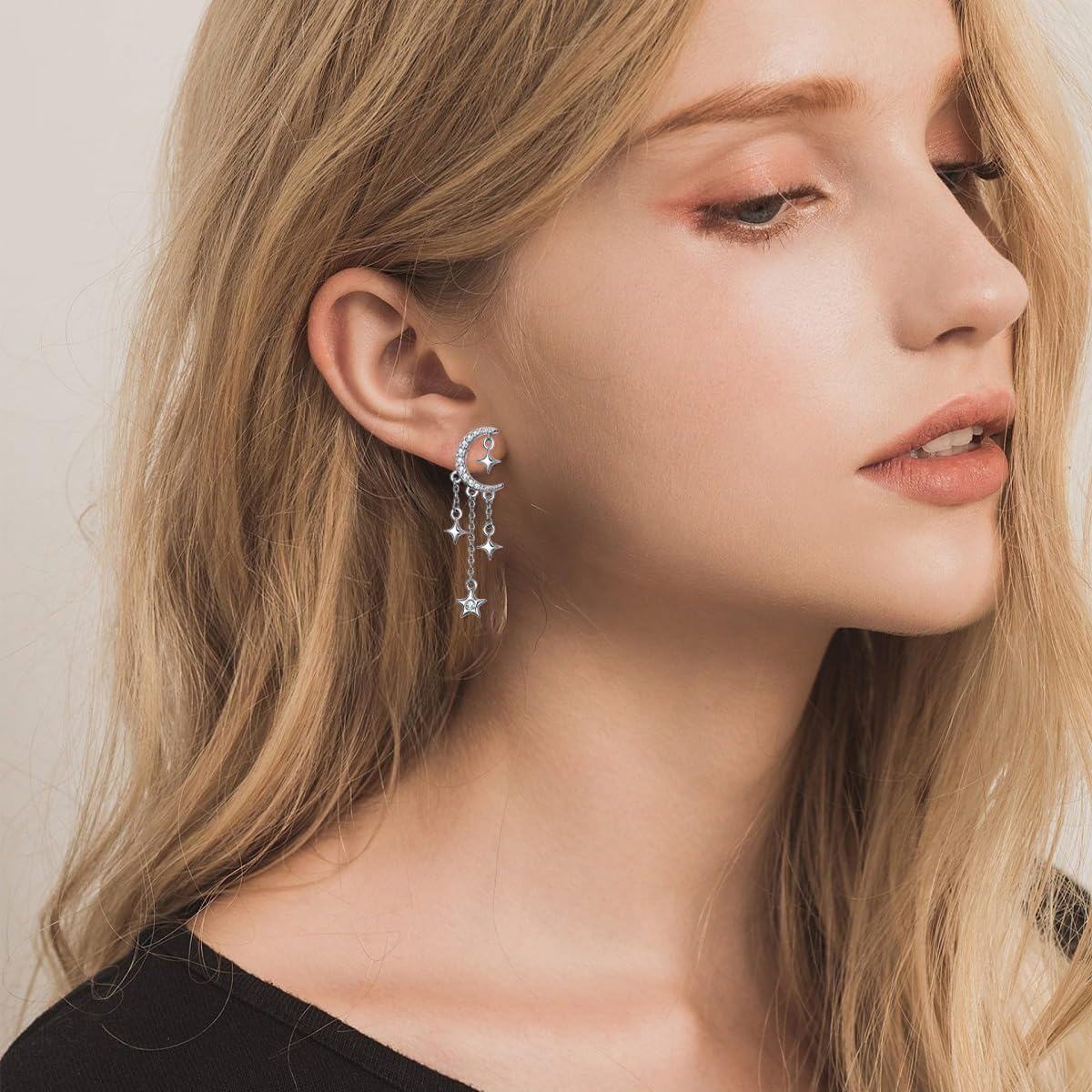 Sterling Silver CZ Sparkling Crescent Moon Star Stud Tassel Earrings-0-5