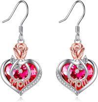 wholesale  Sterling Silver Crystal Mom Earrings Rose Flower Love Heart Dangle Drop Hook -07 Jul-Mom Earrings with Heart Crystal