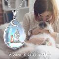 wholesale 925 Sterling Silver Teardrop Pendant with Moon and Stars Design Featuring Girl & Cat Motif on Blue Mother of Pearl Background-0-5