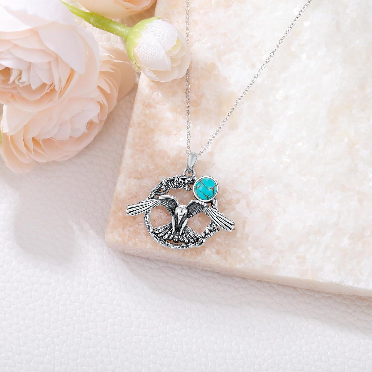 wholesale 925 Sterling Silver Green Turquoise Vintage Wolf Raven Phoenix Pendant Necklace w 18+2 Chain ( chars)-0-3