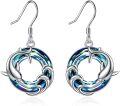 wholesale 925 Sterling Silver Blue Crystal Dolphin Circle Drop Earrings for Women Girls Mom  4cm Long-0-0