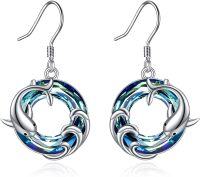 wholesale 925 Sterling Silver Blue Crystal Dolphin Circle Drop Earrings for Women Girls Mom  4cm Long-Dolphin and wave earrings