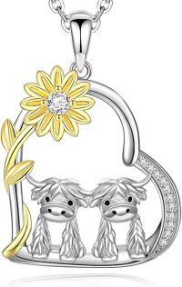 wholesale 925 Sterling Silver Highland Cow Sunflower Heart Charm Friendship Necklace for Women and Girls-highland cow