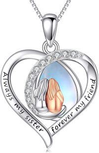 wholesale 925 Sterling Silver Moonstone Heart Pendant Necklace with Praying Hands Design for Sisters and Moms-Sister