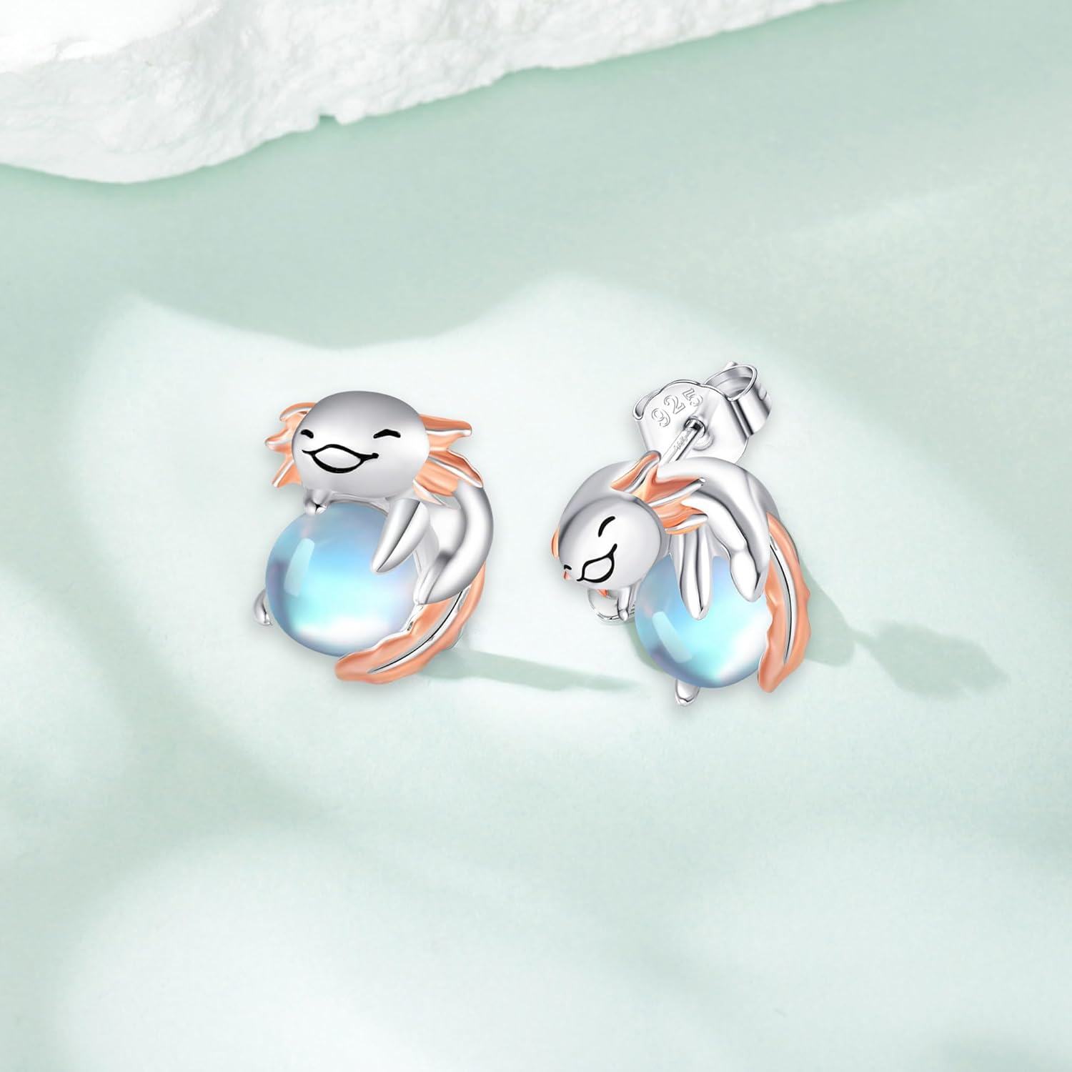 925 Sterling Silver Moonstone Axolotl Stud Earrings-0-4