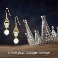wholesale S925 Sterling Silver Gold-Plated Zircon & Simulated Pearl Crown Earrings, Hypoallergenic Elegant Dangle Jewelry for Women-0-2