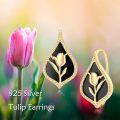 wholesale 925 Sterling Silver Gold Plated Black Onyx Tulip Leverback Earrings Floral  for Women-0-1