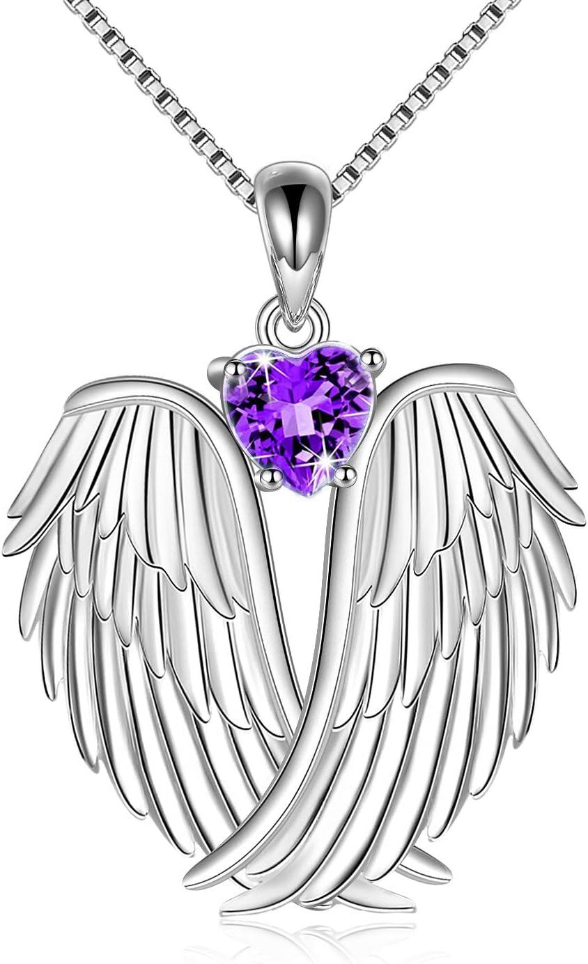 Sterling Silver Birthstone Angel Wings Pendant Necklace-February-Purple