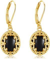 wholesale 925 Sterling Silver Black Onyx Gold Plated Leverback Filigree Oval Dangle Earrings 48mm-Onyx