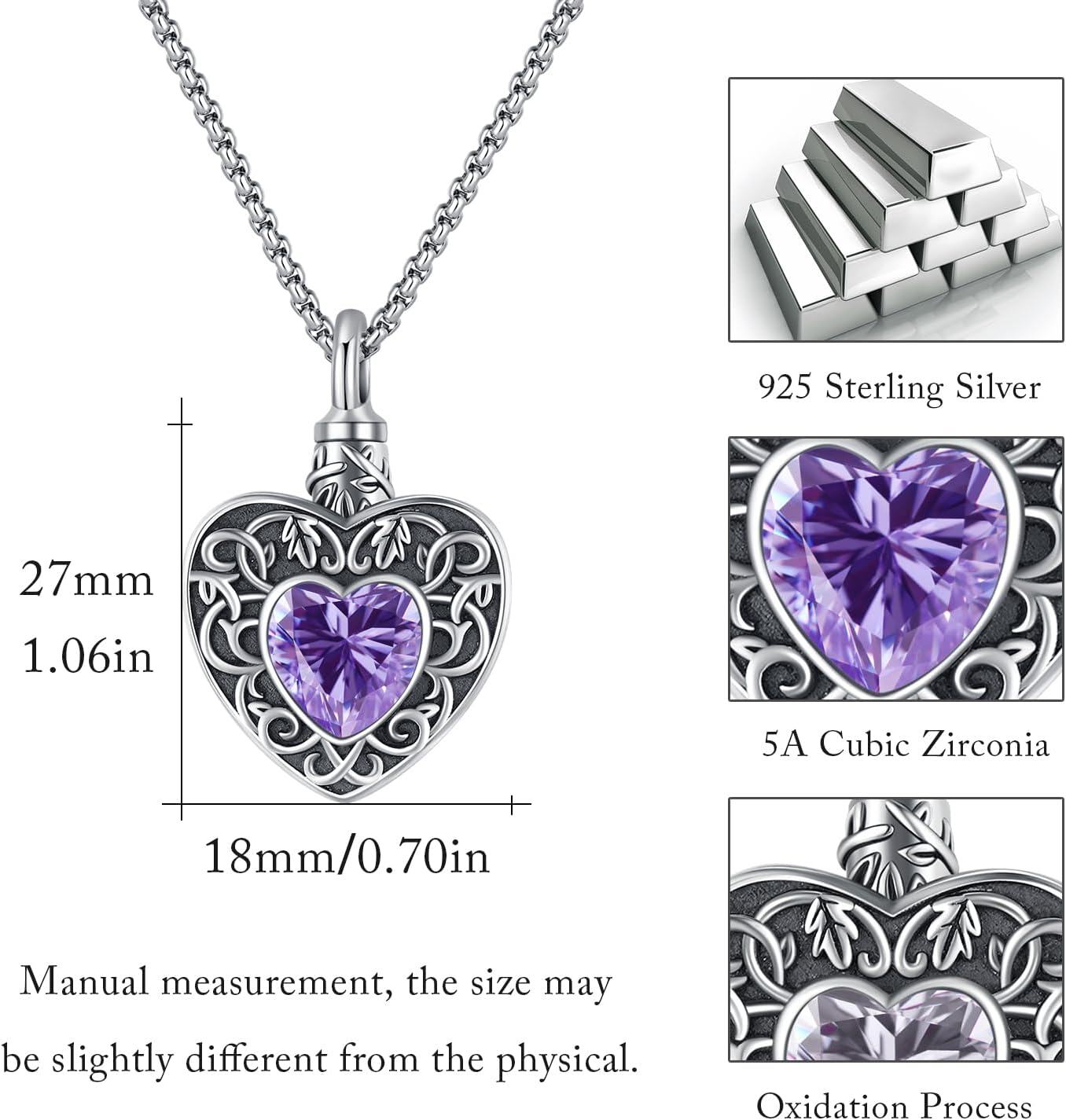 925 Sterling Silver Heart Shaped Purple Crystal Memorial Urn Necklace with Funnel and Fill Tool for Ashes Keepsakes-0-3