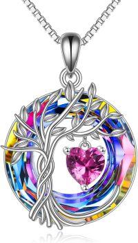 wholesale Sterling Silver Crystal Tree of Life Necklace for Women Birthstone Pendant-10-Oct-Pink Tourmaline