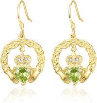 wholesale 18K Gold Plated 925 Sterling Silver Claddagh Birthstone Earrings for Women Irish Celtic Jewelry Gifts-08-August-Lab Created Peridot