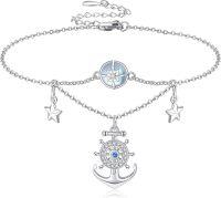wholesale 925 Sterling Silver Nautical Starfish & Anchor Charm Adjustable Chain Anklet for Women Girls Beach Foot  47cm-63cm Length-Compass