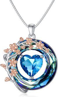 wholesale 925 Sterling Silver Blue Crystal Birthstone Flower Pendant Necklace for Women-03-March-Cherry Blossom