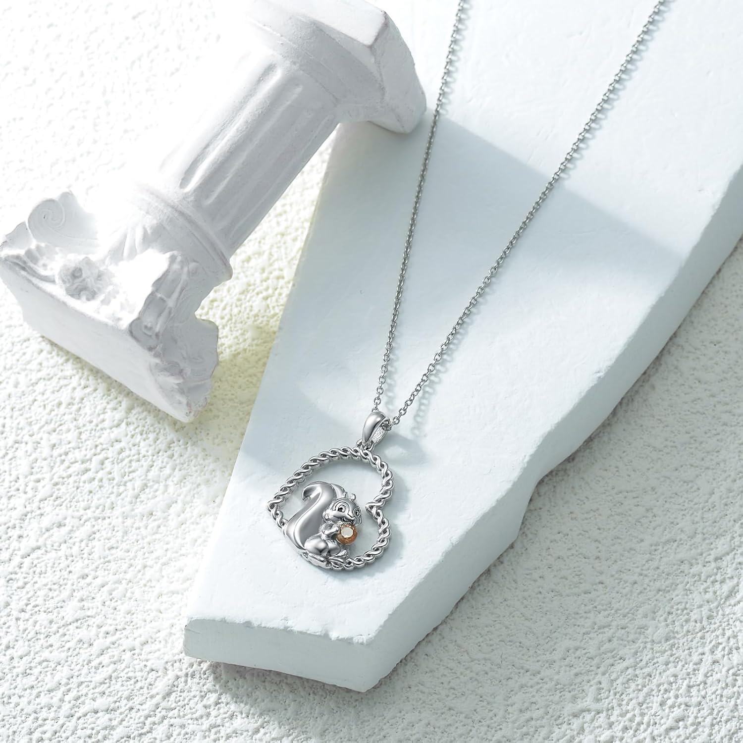 925 Sterling Silver Squirrel Pendant Necklace with Citrine Gemstone and Twisted Rope Chain for Women Girls  43cm Length-0-2