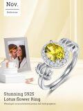 wholesale  S925 Sterling Silver with Citrine Lotus Flower Ring for Women, Adjustable Size, 1 Carat Natural Stone, Gold Plated, Gift for Wife Girlfriend Mom Daughter-0-3