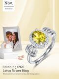 wholesale  S925 Sterling Silver with Citrine Lotus Flower Ring for Women, Adjustable Size, 1 Carat Natural Stone, Gold Plated, Gift for Wife Girlfriend Mom Daughter-0-3