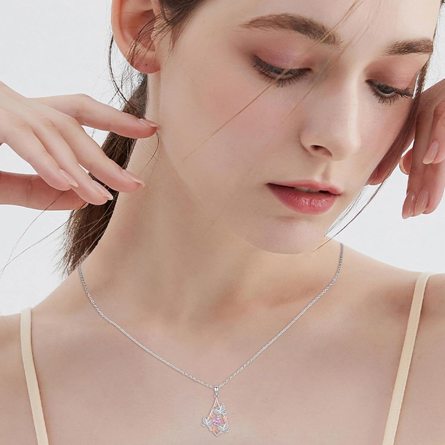 wholesale 925 Sterling Silver Pink Crystal Butterfly & Leaf Pendant Necklace-0-2
