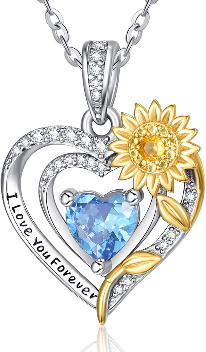 Sterling Silver Sunflower Birthstone Pendant Necklace for Women-03-Mar