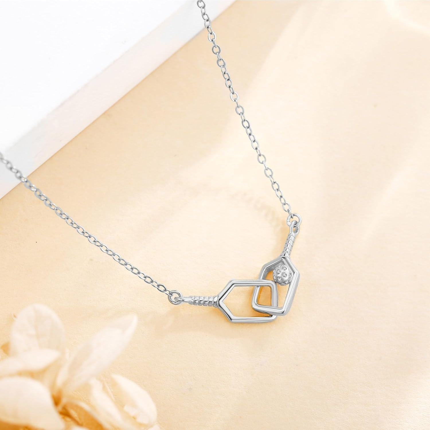 wholesale 925 Sterling Silver Geometric Hexagon Pickleball Paddle Ball Charm Necklace for Women-0-2