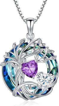 wholesale 18K White Gold Filled Sterling Silver Family Tree Pendant with 2 Heart Birthstones Blue Austrian Crystal Necklace for Women-02-04-Feb-Apr Birthstone
