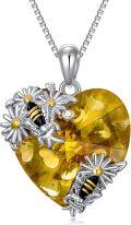 wholesale 925 Sterling Silver Citrine Daisy & Honeybee Heart Pendant Necklace for Women's Gifts-0-0