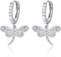 wholesale 925 Sterling Silver Dragonfly Shape Cubic Zirconia Huggie Hoop Earrings for Women Girls  43mm Diameter-0-0