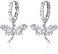 wholesale 925 Sterling Silver Dragonfly Shape Cubic Zirconia Huggie Hoop Earrings for Women Girls  43mm Diameter-07-dragonfly