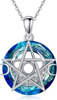 wholesale 925 Sterling Silver Pentagram Blue Crystal Pendant Necklace-Triple Moon Goddess
