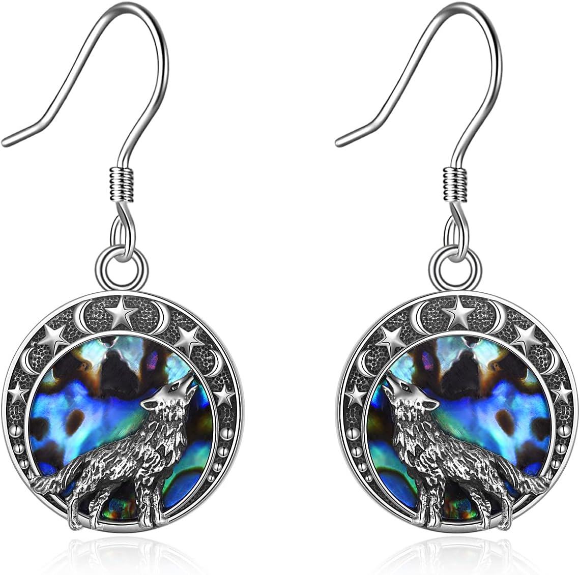 Sterling Silver Moon Star Wolf Drop Dangle Earrings Jewelry Gifts for Women-Animal earrings-Wolf