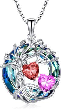 wholesale 18K White Gold Filled Sterling Silver Family Tree Pendant with 2 Heart Birthstones Blue Austrian Crystal Necklace for Women-01-10-Jan-Oct Birthstone