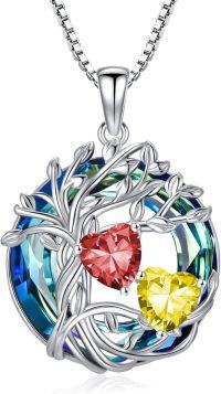 wholesale 18K White Gold Filled Sterling Silver Family Tree Pendant with 2 Heart Birthstones Blue Austrian Crystal Necklace for Women-01-11-Jan-Nov Birthstone