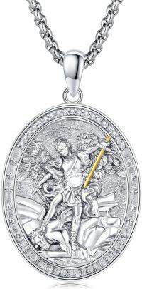 wholesale 925 Sterling Silver Saint Michael Prayer Medal with Abalone Shell and Pearl Pendant Necklace for Men Women  45cm Chain Length-Sterling silver